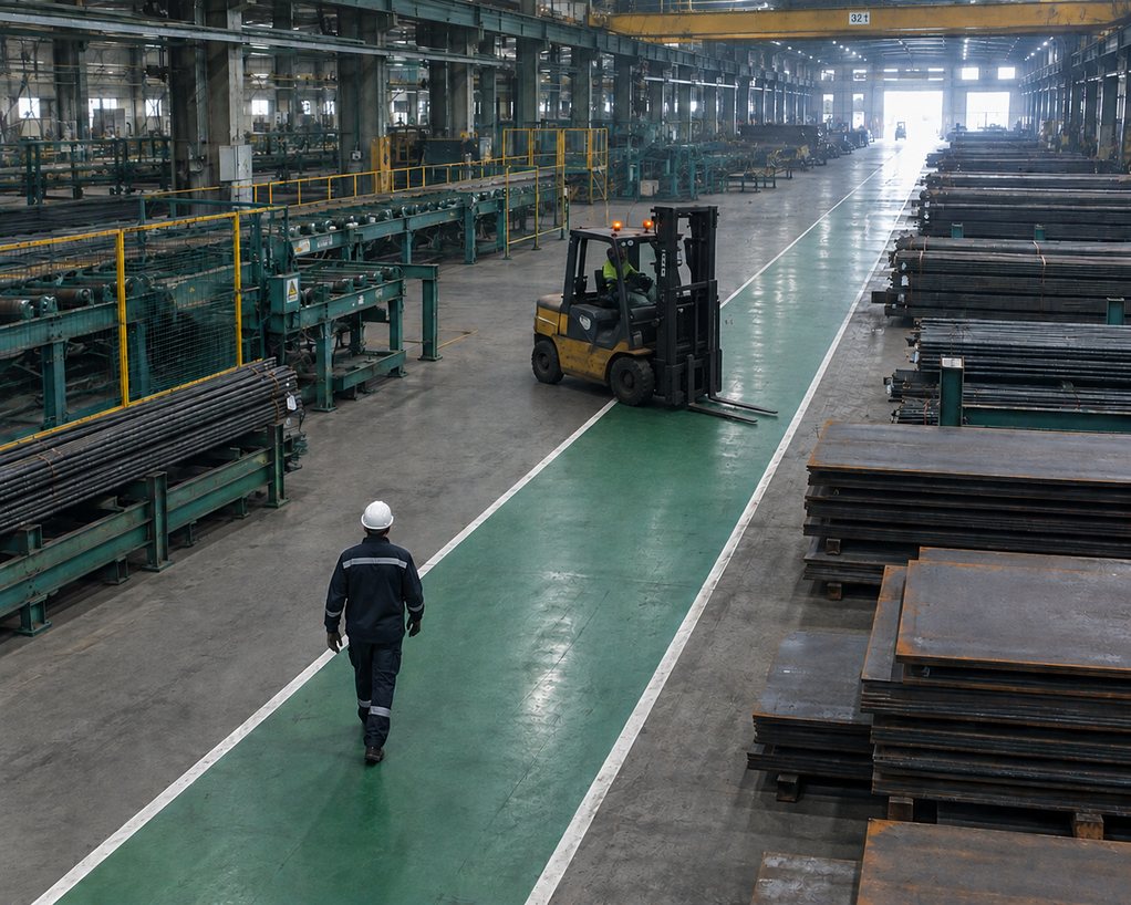 Yürüyüş yolunda ilerleyen bir çalışan ve koridoru kesen bir forklift.