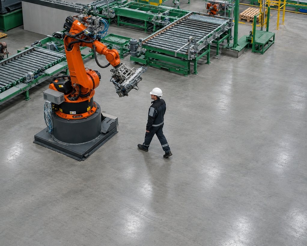 Tel çitle çevrili robot hücresinin yanından geçen bir çalışan.